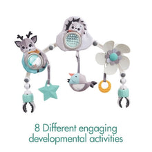 Stroller arch toy with hedgehog, cow, bird, star and flower rattles in teal accents