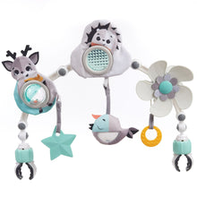 Stroller arch playset with three hanging animals, star and flower rattles, teal accents