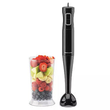 Immersion blender with blending base and control panel, black, beside fruit cup