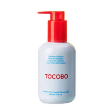Tocobo pore control cleansing oil bottle with red pump, light blue body