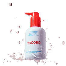 Tocobo pore control cleansing oil bottle with red pump, on light blue liquid splash