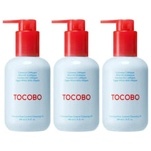 Tocobo pore control cleansing oil 3-pack, three light blue bottles with red pumps