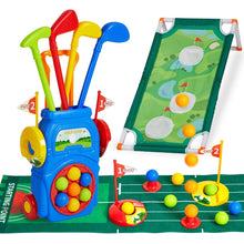 Kids golf training set with ball cart, colorful clubs, and green putting mat