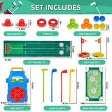 Kids golf set includes golf cart, putting mat, clubs, bases, and 10 balls