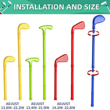 Adjustable junior golf clubs with yellow, green, red, and blue curved heads