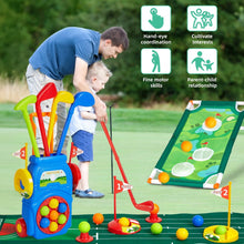 Toddler golf set with putting mat, colorful clubs, and ball basket cart