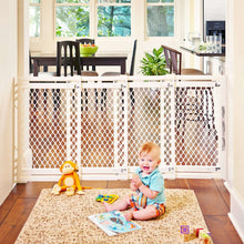 Ivory extra-wide baby safety gate with mesh panel, installed in doorway for toddler and dog
