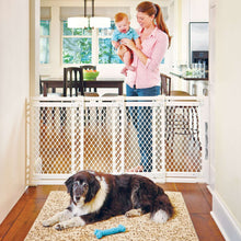 Ivory extra-wide safety gate with white frame and mesh, set across a home doorway