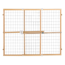 Natural wood safety gate with white wire mesh and central latch