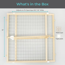 Natural wood baby safety gate with white wire mesh and adjustable frame