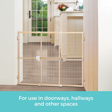 Natural wood frame baby safety gate with clear wire mesh for doorways