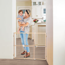North States Toddleroo baby safety gate with natural wood frame and wire mesh panels