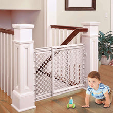 Soft white toddler safety stair gate with hinged door and diamond mesh panel
