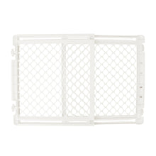 Soft white safety gate with two mesh panels and frame, viewed front