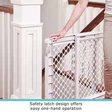 Soft white safety gate with latch and hinged mesh door, shown being opened by hand
