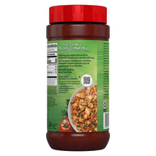 Tomato chicken bouillon jar with red cap and back label information panel