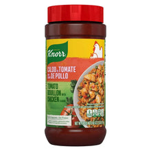 Tomato chicken bouillon jar with red cap and green-yellow front label
