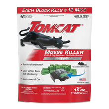 Refillable mouse bait station package with black cat graphic and green bait blocks