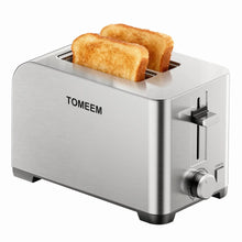 Stainless steel 2-slice toaster with two bread slices in the slots, side lever and dial
