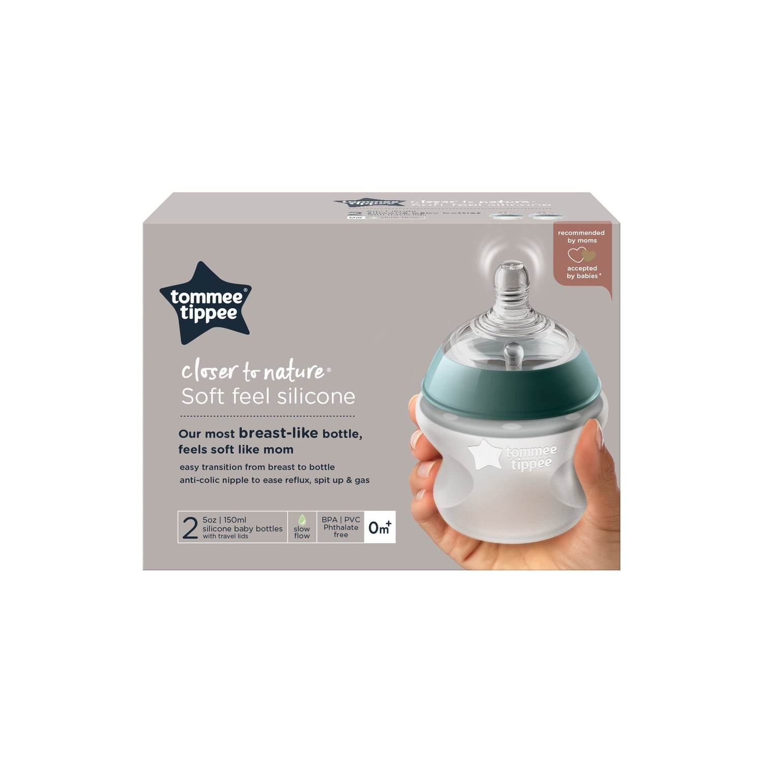 Tommee Tippee Closer to Nature Soft Feel Silicone Baby Bottle, Slow Flow Breast-like Nipple with Anti-Colic Valve, Stain and Odor Resistant, 5oz, 2 Count