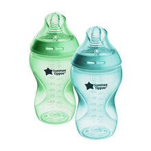 Two Tommee Tippee natural start anti-colic baby bottles, mint green and pale blue, 11oz