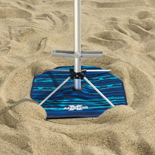 Blue striped beach umbrella base with four legs and ANCHORX fabric canopy