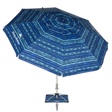 Blue striped beach umbrella with ANCHORX canopy and four-leg base