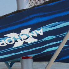 Blue striped umbrella fabric with ANCHORX lettering