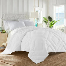 White down-alternative comforter with box-quilted channels and stitched baffle edges