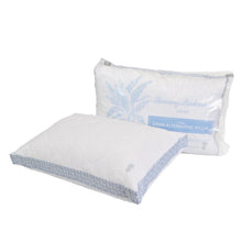 Quilted white pillow with light blue border, pineapple print, down-alternative fill