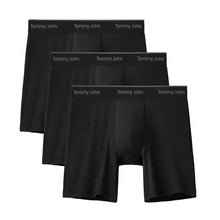 Tommy John men's boxer briefs 3-pack, black pairs stacked with waistband logos.