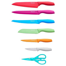 Assorted colorful kitchen knives with matching blade guards, red to white