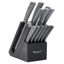 Knife block set with grey damascus-look handles and dark blades in a stand