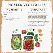 Pickled vegetables label with ingredients and directions on the spice jar