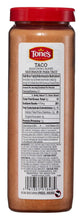 Tone's Taco Seasoning bottle with back label nutrition information