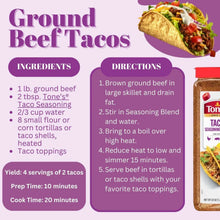 Tone's Taco Seasoning container with ingredients and directions panel