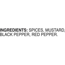 Ingredients list: spices, mustard, black pepper, and red pepper