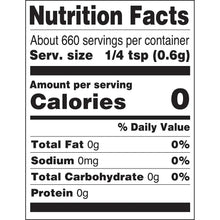 Nutrition Facts panel with serving size 1/4 tsp and 0 calories per serving