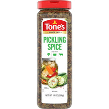 Pickling spice jar with red lid; label and photo of cucumbers and vegetables