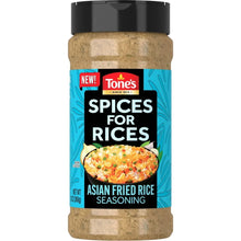 Tone's Spices for Rices seasoning bottle, blue label, beige spice granules