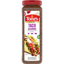 Tone's Taco Seasoning bottle with red cap and front label