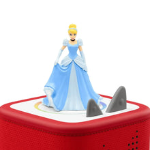Cinderella character figurine in light blue gown on red circular Tonie speaker top
