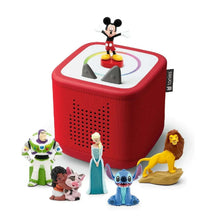 Sunset red Toniebox 2 with six Disney character Tonies figures