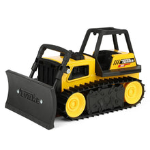 Yellow and black toy steel bulldozer with front shovel and raised cab