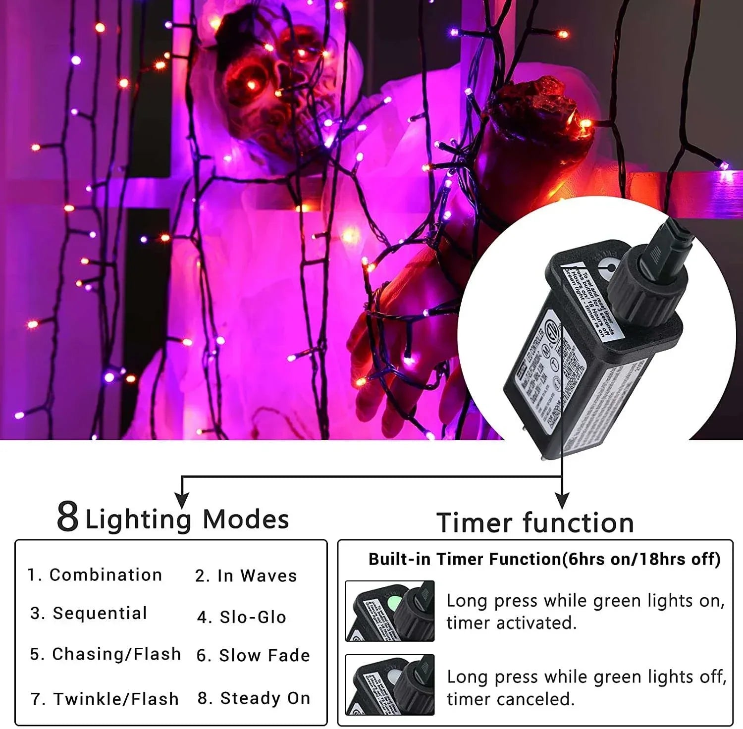 Toodour Orange & Purple Halloween Lights, 82ft 200 LED Plug in Halloween String Lights with 8 Modes, Memory & Timer Function, Connectable Halloween Outdoor Lights for Home, Garden, Halloween Decor - USA MEGA SHOP