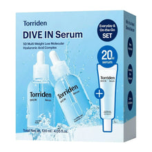 DIVE IN serum set box showing light-blue bottles and a squeeze tube