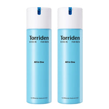 Two men's all-in-one moisturizer bottles with blue caps and white-blue labels