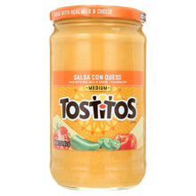 Salsa con queso jar with orange Tostitos label and medium heat text, 23 oz