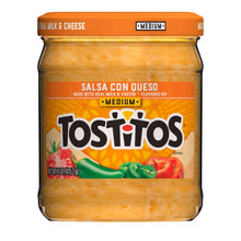Tostitos Salsa con Queso medium jar with orange cheese dip spread in glass jar