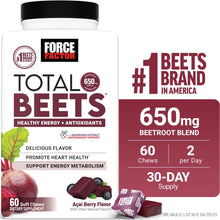 Force Factor beetroot supplement bottle, 60 soft chews label and beet blend graphic